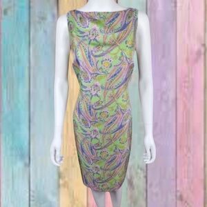 Ralph Lauren Green Purple Paisley Print Lined Sleeveless Silk Dress